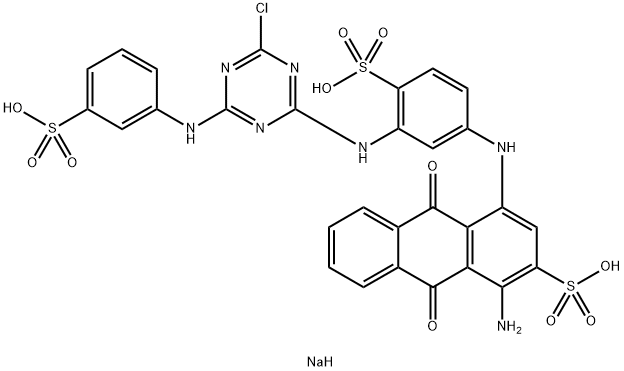 trisodium 1-amino-4-[3-[[4-chloro-6-(3-sulphonatoanilino)-1,3,5-triazin-2-yl]amino]-4-sulphonatoanilino]-9,10-dihydro-9,10-dioxoanthracene-2-sulphonate Struktur