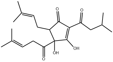 3,4-dihydroxy-5-(3-methylbut-2-enyl)-2-(3-methyl-1-oxobutyl)-4-(4-methyl-1-oxopent-3-enyl)cyclopent-2-en-1-one  Struktur