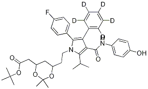 (6-2-[2-(4-Fluoro-phenyl)-4-(4-hydroxy-phenylcarbamoyl)-5-isopropyl-3-phenyl-D5-pyrrol-1-yl]-ethyl-2,2-dimethyl-[1,3]-dioxane-4-yl)-acetic Acid, tert-Butyl Ester Struktur