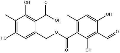 3-Formyl-2,4-dihydroxy-6-methylbenzoic acid (2-carboxy-3,5-dihydroxy-4-methylphenyl)methyl ester Struktur