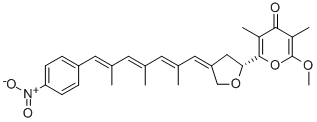 (+)-2-Methoxy-3,5-dimethyl-6-[4-[7-(4-nitrophenyl)-2,4,6-trimethyl-2,4,6-heptatrienylidene]tetrahydrofuran-2-yl]-4H-pyran-4-one Struktur