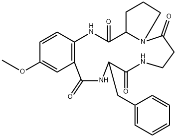 1,2,3,5,6,7,8,9,10,11,12,17,18,18a-Tetradecahydro-10-benzyl-14-methoxypyrrolo[1,2-a][1,4,8,11]benzotetraazacyclotetradecine-5,9,12,18-tetrone Struktur