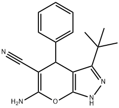 6-amino-3-tert-butyl-4-phenyl-1,4-dihydropyrano[2,3-c]pyrazole-5-carbonitrile Struktur