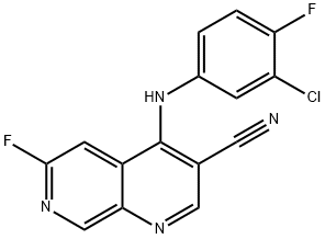 4-(3-chloro-4-fluorophenylamino)-6-fluoro-1,7-naphthyridine-3-carbonitrile Struktur