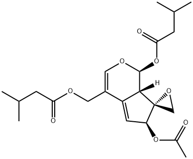 [1S-(1alpha,6alpha,7beta,7aalpha)]-6-acetoxy-6,7a-dihydro-4-[(isovaleryloxy)methyl]spiro[cyclopenta[c]pyran-7(1H),2'-oxiran]-1-yl isovalerate  Struktur