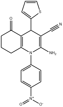 2-amino-1-{4-nitrophenyl}-5-oxo-4-(2-thienyl)-1,4,5,6,7,8-hexahydro-3-quinolinecarbonitrile Struktur