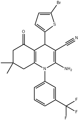 2-amino-4-(5-bromo-2-thienyl)-7,7-dimethyl-5-oxo-1-[3-(trifluoromethyl)phenyl]-1,4,5,6,7,8-hexahydro-3-quinolinecarbonitrile Struktur