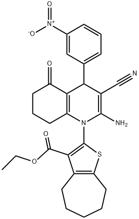 ethyl 2-(2-amino-3-cyano-4-{3-nitrophenyl}-5-oxo-5,6,7,8-tetrahydro-1(4H)-quinolinyl)-5,6,7,8-tetrahydro-4H-cyclohepta[b]thiophene-3-carboxylate Struktur