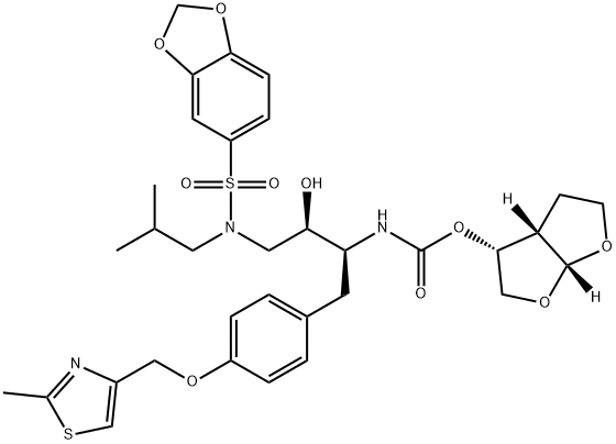 [(1R,5S,6R)-2,8-dioxabicyclo[3.3.0]oct-6-yl] N-[(2S,3R)-4-(benzo[1,3]dioxol-5-ylsulfonyl-(2-methylpropyl)amino)-3-hydroxy-1-[4-[(2-methyl-1,3-thiazol-4-yl)methoxy]phenyl]butan-2-yl]carbamate Struktur