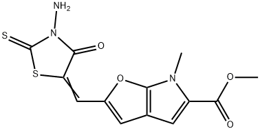 6H-Furo[2,3-b]pyrrole-5-carboxylic  acid,  2-[(3-amino-4-oxo-2-thioxo-5-thiazolidinylidene)methyl]-6-methyl-,  methyl  ester Struktur