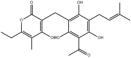 3-[4-Acetyl-2,3,6-trihydroxy-5-(3-methyl-2-butenyl)benzyl]-6-ethyl-4-hydroxy-5-methyl-2H-pyran-2-one Struktur