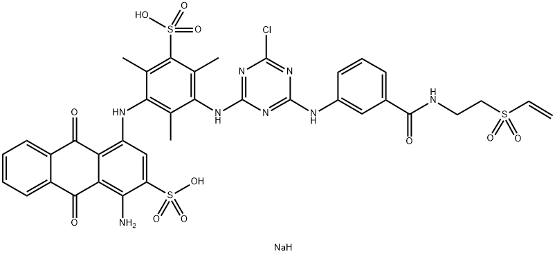 2-Anthracenesulfonic acid, 1-amino-4-[[3-[[4-chloro-6-[[3-[[[2-(ethenylsulfonyl)ethyl]amino]carbonyl]phenyl]amino]-1,3,5-triazin-2-yl]amino]-2,4,6-trimethyl-5-sulfophenyl]amino]-9,10-dihydro-9,10-dioxo-, disodium salt Struktur