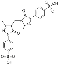 p-[4-[[1,5-dihydro-3-methyl-5-oxo-1-(4-sulphophenyl)-4H-pyrazol-4-ylidene]methyl]-4,5-dihydro-3-methyl-5-oxo-1H-pyrazol-1-yl]benzenesulphonic acid Struktur