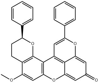 (-)-3,4-Dihydro-5-methoxy-2,12-diphenyl-2H,9H-dipyrano[2,3-a:2',3',4'-kl]xanthene-9-one Struktur