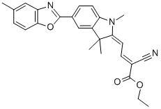 ethyl 2-cyano-4-[1,3-dihydro-1,3,3-trimethyl-5-(5-methyl-2-benzoxazolyl)-2H-indole-2-ylidene]-2-butenoate Struktur