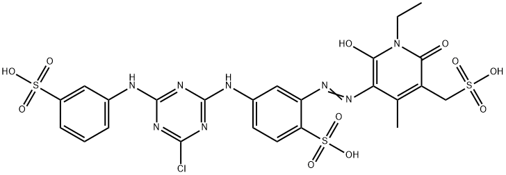 5-[[5-[[4-chloro-6-[(3-sulphophenyl)amino]-1,3,5-triazin-2-yl]amino]-2-sulphophenyl]azo]-1-ethyl-1,2-dihydro-6-hydroxy-4-methyl-2-oxopyridine-3-methanesulphonic acid Struktur