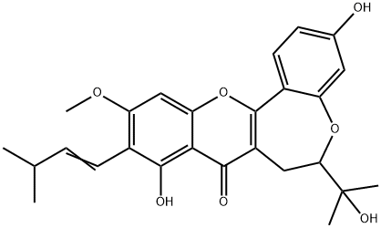 6,7-Dihydro-3,9-dihydroxy-6-(1-hydroxy-1-methylethyl)-11-methoxy-10-(3-methyl-1-butenyl)-8H-[1]benzopyrano[3,2-d][1]benzoxepin-8-one Struktur