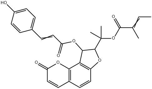 2-Methyl-2-butenoic acid 1-[8,9-dihydro-9-[[3-(4-hydroxyphenyl)-1-oxo-2-propenyl]oxy]-2-oxo-2H-furo[2,3-h]-1-benzopyran-8-yl]-1-methylethyl ester Struktur