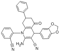 2-amino-4-(1,3-benzodioxol-5-yl)-1-(2-cyanophenyl)-5-oxo-7-phenyl-1,4,5,6,7,8-hexahydro-3-quinolinecarbonitrile Struktur