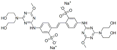 disodium 4,4'-bis[[4-[bis(2-hydroxyethyl)amino]-6-methoxy-1,3,5-triazin-2-yl]amino]stilbene-2,2'-disulphonate Struktur