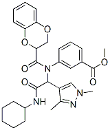 Benzoic acid, 3-[[2-(cyclohexylamino)-1-(1,3-dimethyl-1H-pyrazol-4-yl)-2-oxoethyl][(2,3-dihydro-1,4-benzodioxin-2-yl)carbonyl]amino]-, methyl ester (9CI) Struktur