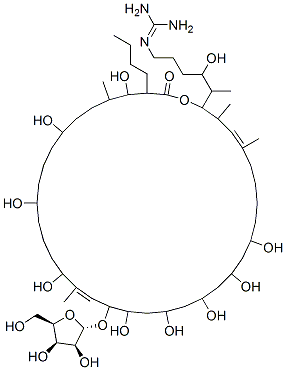 2-[5-[(4E,20E)-35-butyl-19-[(2S,3S,4R,5R)-3,4-dihydroxy-5-(hydroxymethyl)oxolan-2-yl]oxy-10,12,14,16,18,22,26,30,34-nonahydroxy-3,5,21,33-tetramethyl-36-oxo-1-oxacyclohexatriaconta-4,20-dien-2-yl]-4-hydroxy-hexyl]guanidine Struktur