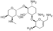 6-O-[3-Deoxy-3-(methylamino)-β-L-arabinopyranosyl]-4-O-(2,6-diamino-2,3,4,6-tetradeoxy-α-D-glycero-hexa-4-enopyranosyl)-2-deoxy-D-streptamine Struktur