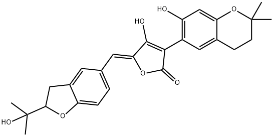 3-(3,4-Dihydro-7-hydroxy-2,2-dimethyl-2H-1-benzopyran-6-yl)-5-[(Z)-[2,3-dihydro-2-(1-hydroxy-1-methylethyl)benzofuran-5-yl]methylene]-4-hydroxy-2(5H)-furanone Struktur