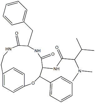 (2S)-2-Dimethylamino-N-[(3R,4S,7S)-5,8-dioxo-3-phenyl-7-phenylmethyl-2-oxa-6,9-diazabicyclo[10.2.2]hexadeca-12,14(1),15-trien-4-yl]-3-methylbutanamide Struktur