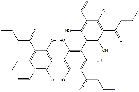 1-[3,5-bis[(3-butanoyl-2,6-dihydroxy-4-methoxy-5-methyl-phenyl)methyl] -2,4,6-trihydroxy-phenyl]butan-1-one Struktur