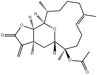 (3aS,5S,6R,9E,14R,15R,15aR)-2,3,3a,4,5,6,7,8,11,12,13,14,15,15a-Tetradecahydro-6,10,14-trimethyl-3-methylene-2-oxo-5,15-epoxycyclotetradeca[b]furan-6-ol acetate Struktur