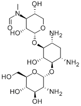 4-O-(2-Amino-2-deoxy-α-D-glucopyranosyl)-6-O-[3-deoxy-3-[formyl(methyl)amino]-α-D-xylopyranosyl]-2-deoxy-D-streptamine Struktur