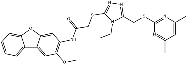 Acetamide, 2-[[5-[[(4,6-dimethyl-2-pyrimidinyl)thio]methyl]-4-ethyl-4H-1,2,4-triazol-3-yl]thio]-N-(2-methoxy-3-dibenzofuranyl)- (9CI) Struktur