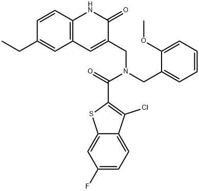 Benzo[b]thiophene-2-carboxamide, 3-chloro-N-[(6-ethyl-1,2-dihydro-2-oxo-3-quinolinyl)methyl]-6-fluoro-N-[(2-methoxyphenyl)methyl]- (9CI) Struktur