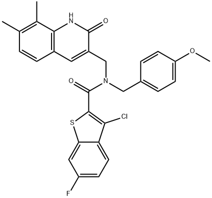 Benzo[b]thiophene-2-carboxamide, 3-chloro-N-[(1,2-dihydro-7,8-dimethyl-2-oxo-3-quinolinyl)methyl]-6-fluoro-N-[(4-methoxyphenyl)methyl]- (9CI) Struktur