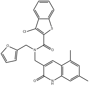 Benzo[b]thiophene-2-carboxamide, 3-chloro-N-[(1,2-dihydro-5,7-dimethyl-2-oxo-3-quinolinyl)methyl]-N-(2-furanylmethyl)- (9CI) Struktur