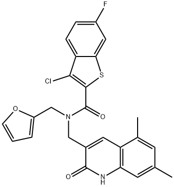 Benzo[b]thiophene-2-carboxamide, 3-chloro-N-[(1,2-dihydro-5,7-dimethyl-2-oxo-3-quinolinyl)methyl]-6-fluoro-N-(2-furanylmethyl)- (9CI) Struktur