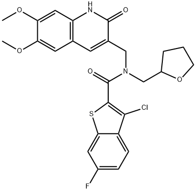 Benzo[b]thiophene-2-carboxamide, 3-chloro-N-[(1,2-dihydro-6,7-dimethoxy-2-oxo-3-quinolinyl)methyl]-6-fluoro-N-[(tetrahydro-2-furanyl)methyl]- (9CI) Struktur