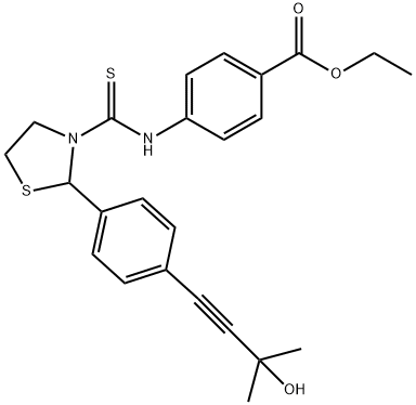 Benzoic acid, 4-[[[2-[4-(3-hydroxy-3-methyl-1-butynyl)phenyl]-3-thiazolidinyl]thioxomethyl]amino]-, ethyl ester (9CI) Struktur