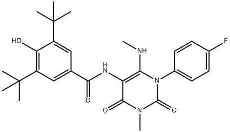 Benzamide,  3,5-bis(1,1-dimethylethyl)-N-[1-(4-fluorophenyl)-1,2,3,4-tetrahydro-3-methyl-6-(methylamino)-2,4-dioxo-5-pyrimidinyl]-4-hydroxy- Struktur