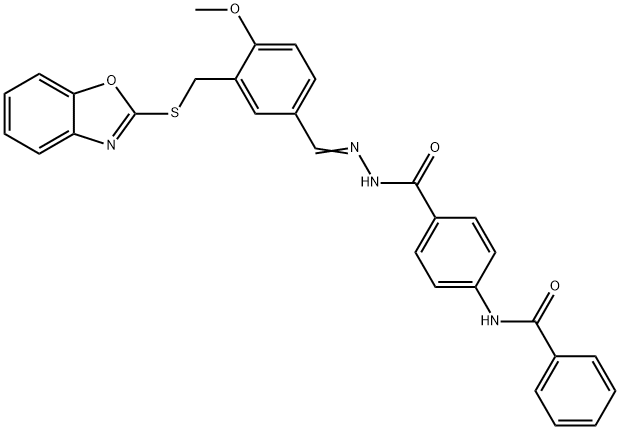 Benzoic acid, 4-(benzoylamino)-, [[3-[(2-benzoxazolylthio)methyl]-4-methoxyphenyl]methylene]hydrazide (9CI) Struktur