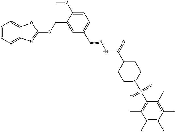 4-Piperidinecarboxylicacid,1-[(pentamethylphenyl)sulfonyl]-,[[3-[(2-benzoxazolylthio)methyl]-4-methoxyphenyl]methylene]hydrazide(9CI) Struktur