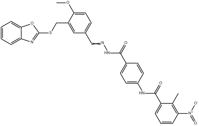 Benzoic acid, 4-[(2-methyl-3-nitrobenzoyl)amino]-, [[3-[(2-benzoxazolylthio)methyl]-4-methoxyphenyl]methylene]hydrazide (9CI) Struktur