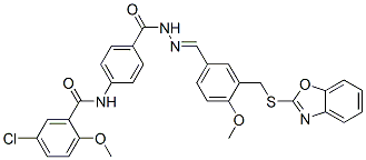 Benzoic acid, 4-[(5-chloro-2-methoxybenzoyl)amino]-, [[3-[(2-benzoxazolylthio)methyl]-4-methoxyphenyl]methylene]hydrazide (9CI) Struktur