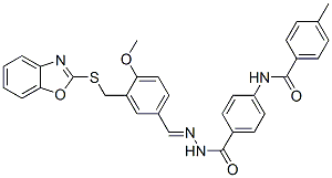 Benzoic acid, 4-[(4-methylbenzoyl)amino]-, [[3-[(2-benzoxazolylthio)methyl]-4-methoxyphenyl]methylene]hydrazide (9CI) Struktur