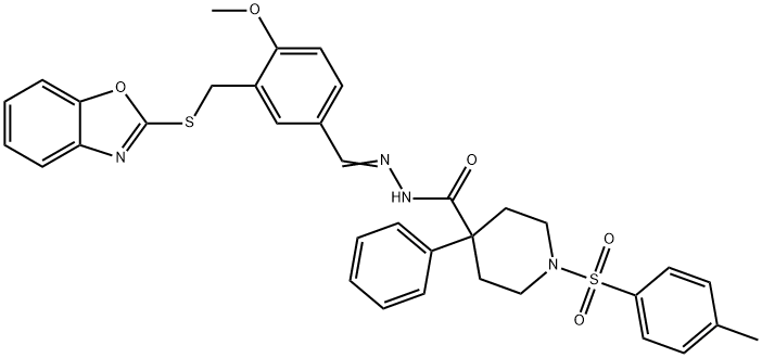 4-Piperidinecarboxylicacid,1-[(4-methylphenyl)sulfonyl]-4-phenyl-,[[3-[(2-benzoxazolylthio)methyl]-4-methoxyphenyl]methylene]hydrazide(9CI) Struktur