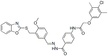 Benzoic acid, 4-[[(4-chloro-3,5-dimethylphenoxy)acetyl]amino]-, [[3-[(2-benzoxazolylthio)methyl]-4-methoxyphenyl]methylene]hydrazide (9CI) Struktur