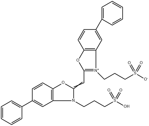 5-Phenyl-2-[[5-phenyl-3-(3-sulfonatopropyl)benzoxazol-2(3H)-ylidene]methyl]-3-(3-sulfonatopropyl)benzothiazol-3-ium Struktur