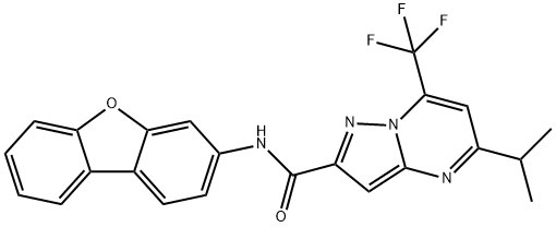 Pyrazolo[1,5-a]pyrimidine-2-carboxamide, N-dibenzofuran-3-yl-5-(1-methylethyl)-7-(trifluoromethyl)- (9CI) Struktur