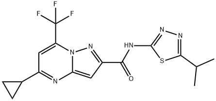 Pyrazolo[1,5-a]pyrimidine-2-carboxamide, 5-cyclopropyl-N-[5-(1-methylethyl)-1,3,4-thiadiazol-2-yl]-7-(trifluoromethyl)- (9CI) Struktur